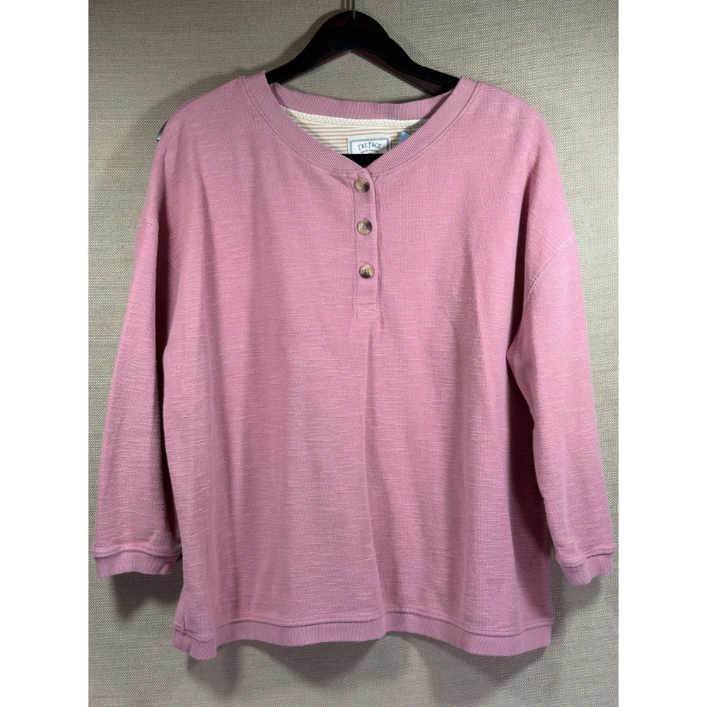 Fat Face Womens Pink Textured Knit Henley Top Long Sleeve Button Neck Relaxed L
